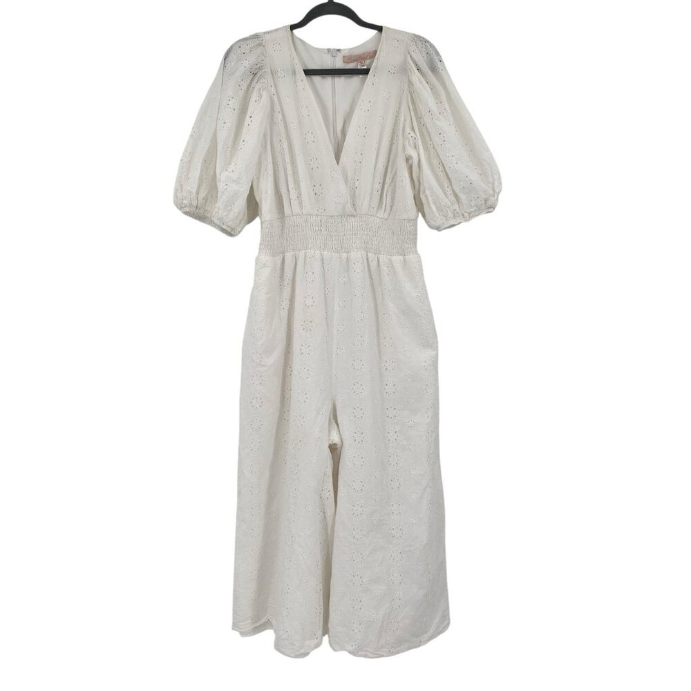 Anthropologie Hutch Smocked-Waist Eyelet White Wide Leg Jumpsuit Size XL